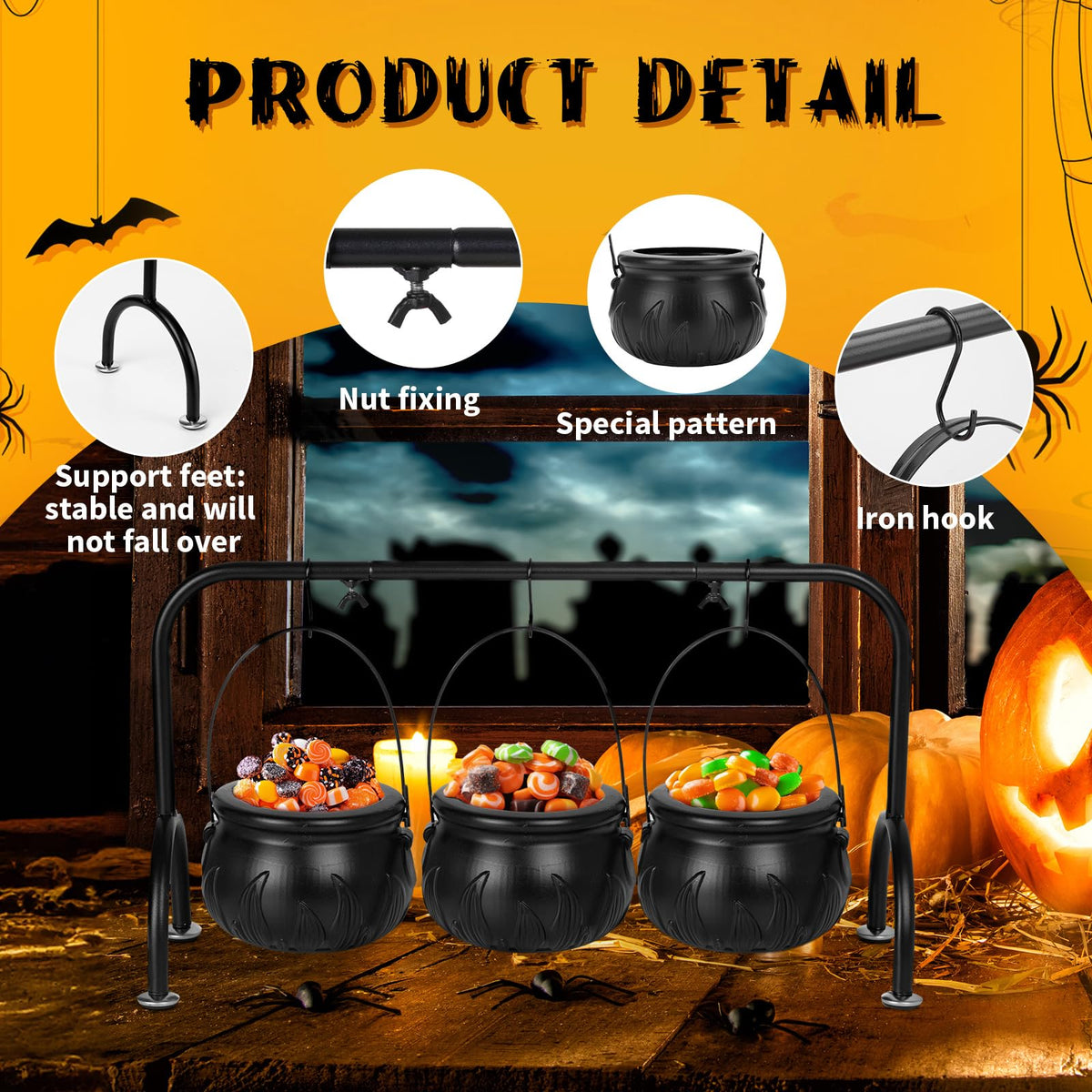 Rdogeia Halloween Decorations - Set of 3 Witches Cauldron Candy Serving Bowls on Rack, Black Plastic Cauldron with Skeletons for Indoor/Outdoor Home/Kitchen Decoration
