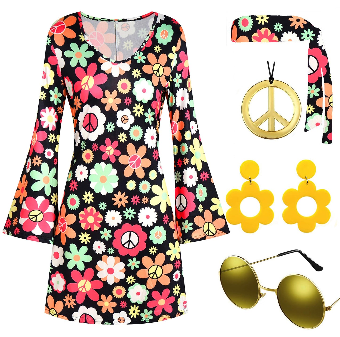 Deerjoke 60s 70s Disco Outfit Hippie Costume Women, 1970 Style Clothes Dress Accessories Jewelry Halloween (Black, Medium)