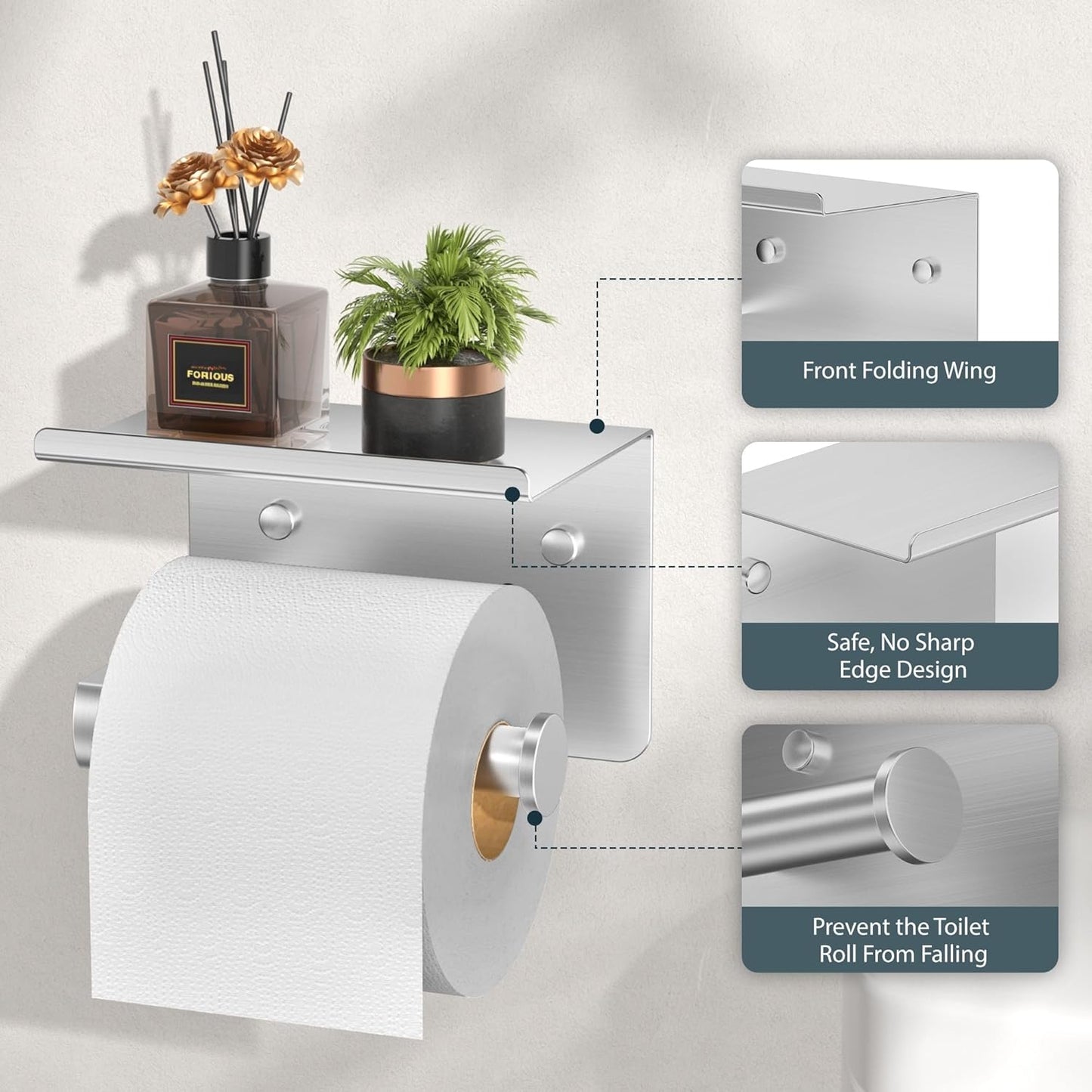 FORIOUS Toilet Paper Holder with Shelf, Adhesive or Screw Wall Mount Toilet Roll Holder for Bathroom, Rustproof 304 Stainless Steel Commercial Toilet Tissue Holder with Phone Shelf, Brushed Nickel