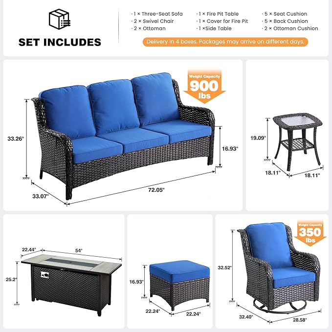 ovios 7 Pieces Patio Furniture Set, Outdoor Wicker Sofa Couch with Swivel Chairs 54" Fire Pit Table, High Back Modern All Weather Conversation Sets, Brown Rattan, Navy Blue