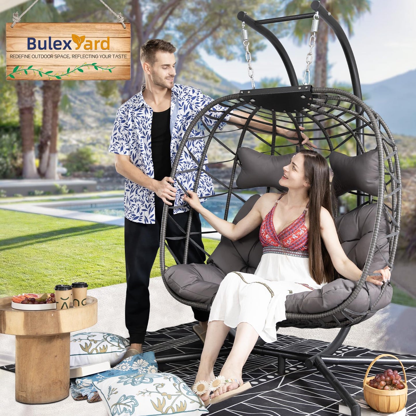 BLUEXYARD Extra Large Double Hanging Egg Chair with Stand, 2 Person Outdoor Indoor Swing Chair, 700 Lbs Heavy‑Duty Wicker Hammock Loveseat with Cushion for Patio Balcony Backyard, Dark Gray