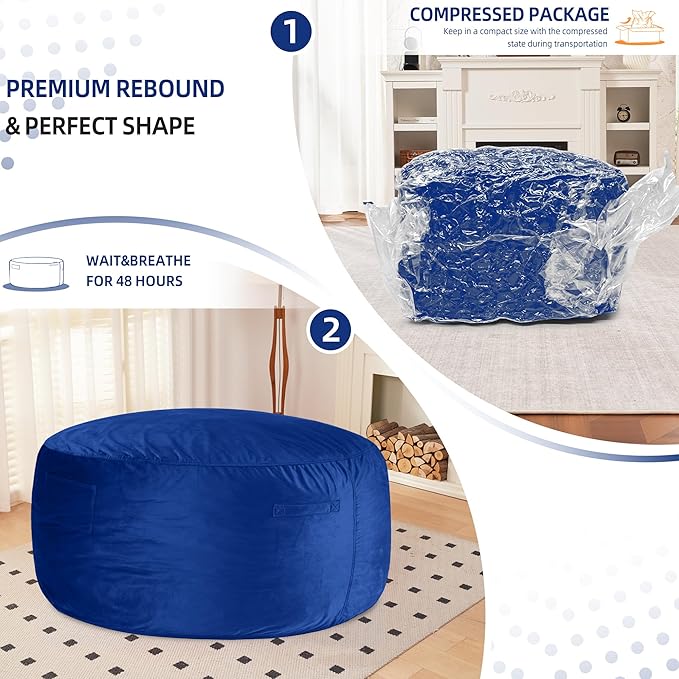 HABUTWAY Bean Bag Chair 3Ft Luxurious Velvet Ultra Soft Fur with High Rebound Memory Foam Bean Bag Chairs for Adults Plush Lazy Sofa with Fluffy Sponge 3' (Blue)