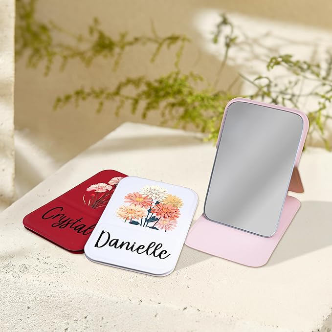 Personalized Birth Flower Month Travel Makeup Mirror for Women | Colorful Birth Flower and Name UV Painting |Custom Small Portable Travel Pocket Mirror Birthday Gifts for Women, Mom, Girl