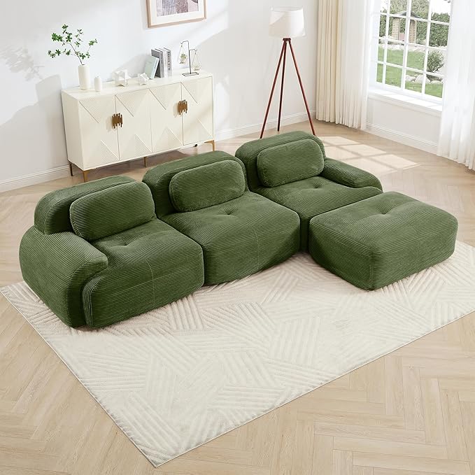 SoarFlash 117" Modern L-Shaped Modular Sectional Sofa for Living Room, Corduroy Upholstery Oversized 3-Seater Couch with Deep Seat and Movable Ottoman-No Assembly, Green