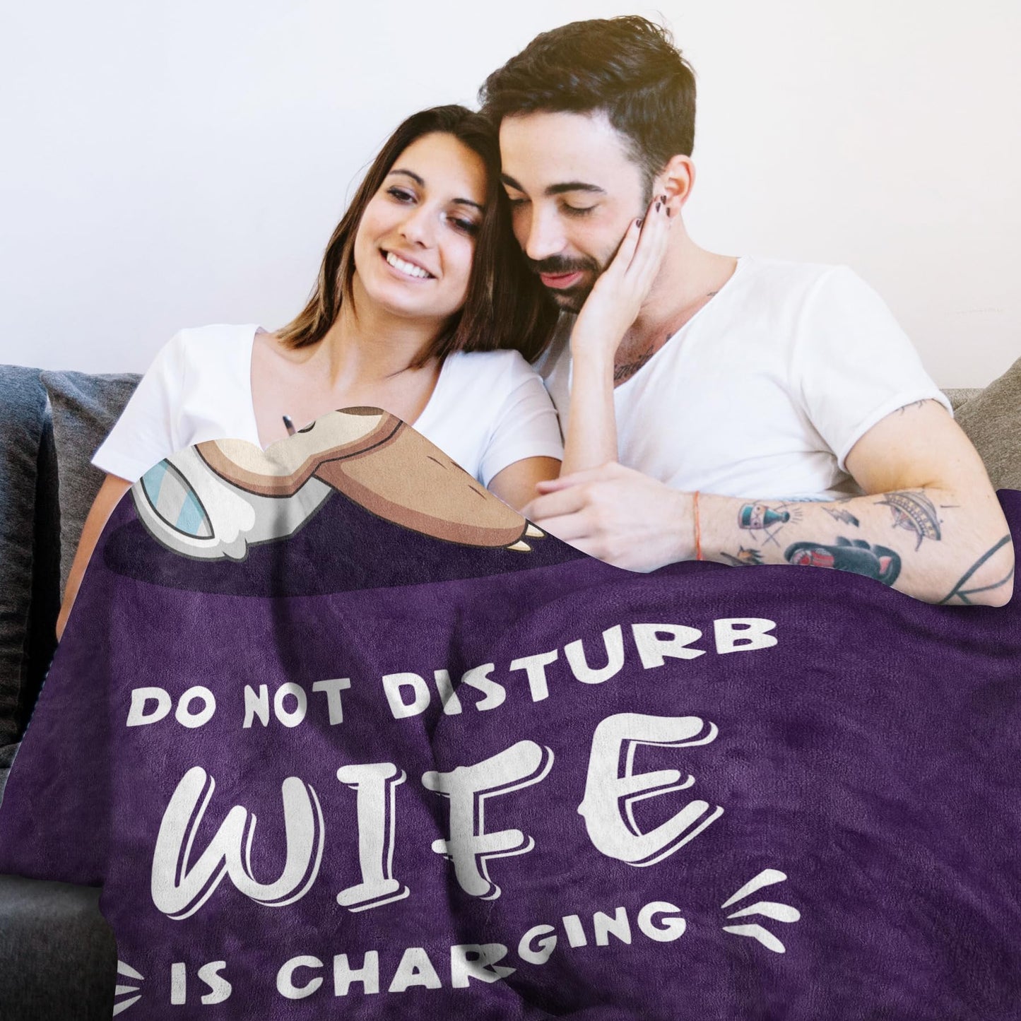 Funny Anniversary Birthday Gifts for Wife, Wife is Charging Sloth Blanket, Wifey Gifts from Husband, Wedding, Mother's Day, Valentines Day Present for Women, Super Soft Blanket for Her