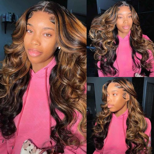 Vemalin Highlight Ombre Lace Front Wig Human Hair Body Wave Lace Front Wigs Human Hair Pre Plucked 13x4 1B/30 Brown Highlight Wig 200 Density Colored 26 Inch Balayage Wigs for Women