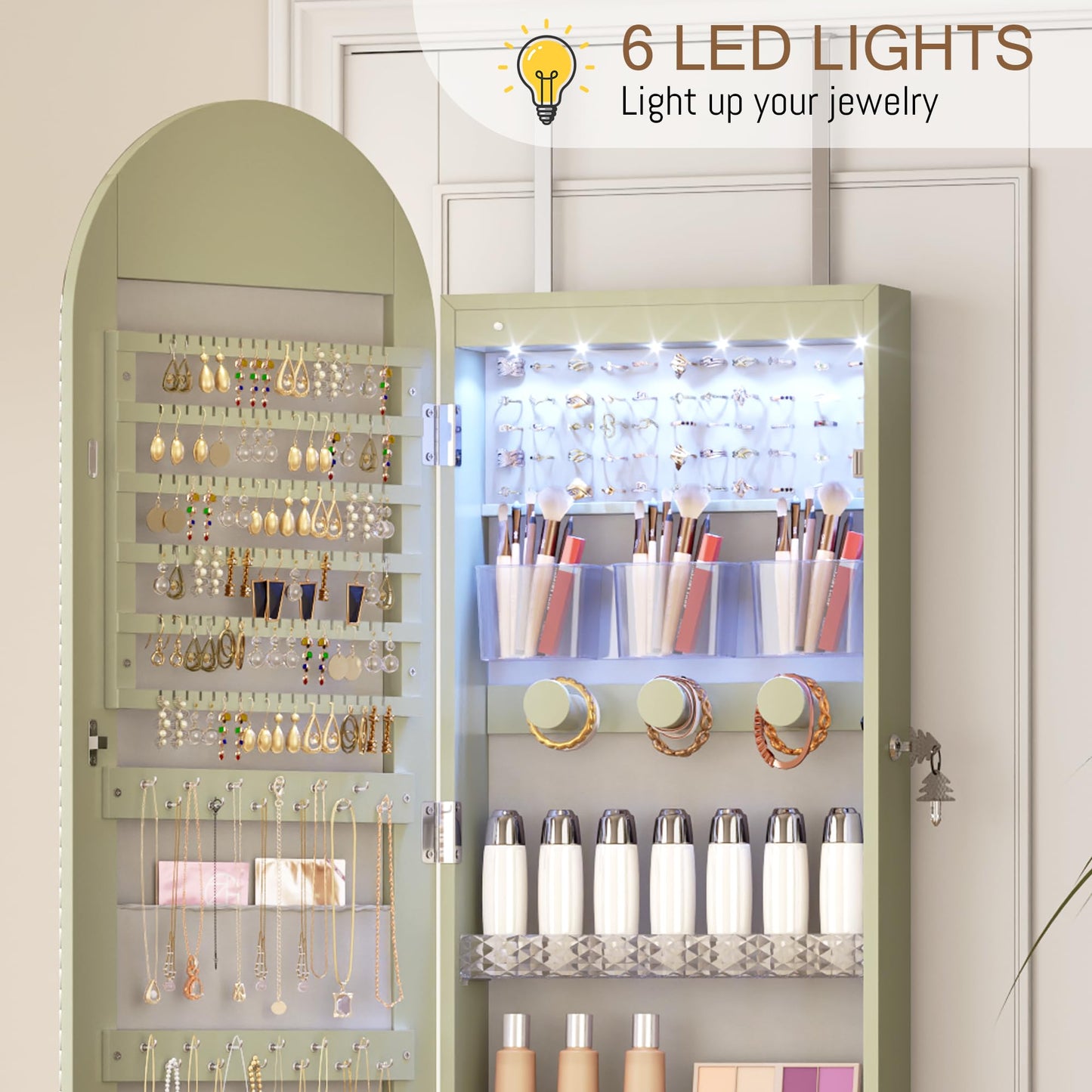 LVSOMT Wall Mounted Jewelry Organizer Lockable, Door Hanging Arched Mirror with Lights and Jewelry Storage, 6 LEDs Jewelry Cabinet (Laurel Green)