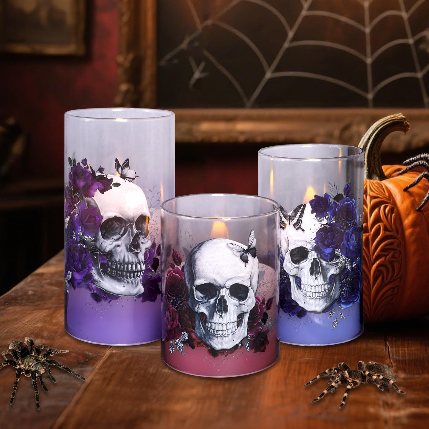 Immeiscent Halloween Glass Flameless Candles Romantic Gothic Skull Floral Battery Operated Remote Timer Flickering LED Pillar Candle for Wedding Party Goth Bathroom Decor