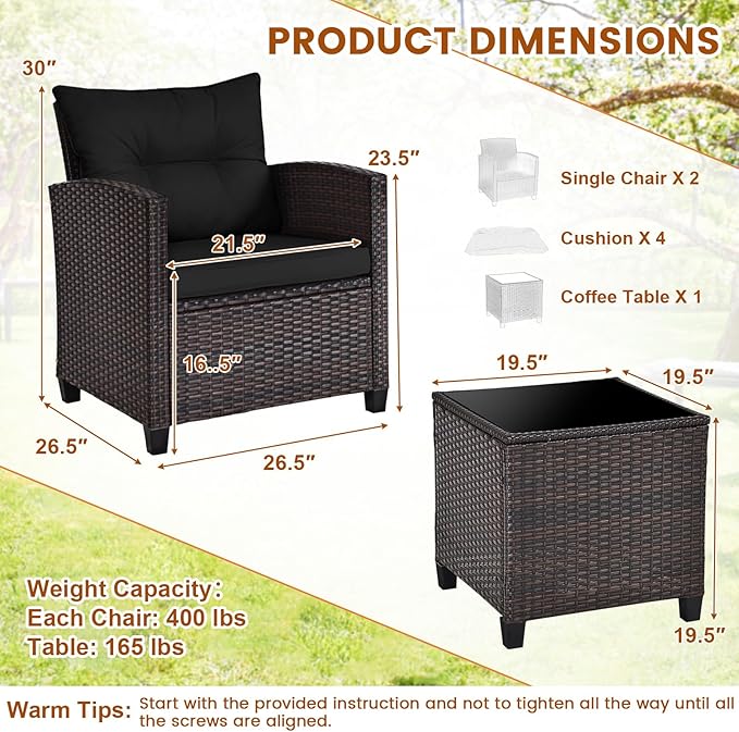 ORALNER 3 Pieces Patio Furniture Set, Outdoor Wicker Conversation Set Rattan Chairs with Cushions, Glass Coffee Table, Bistro Set for Front Porch Balcony Garden Deck Poolside (Black)