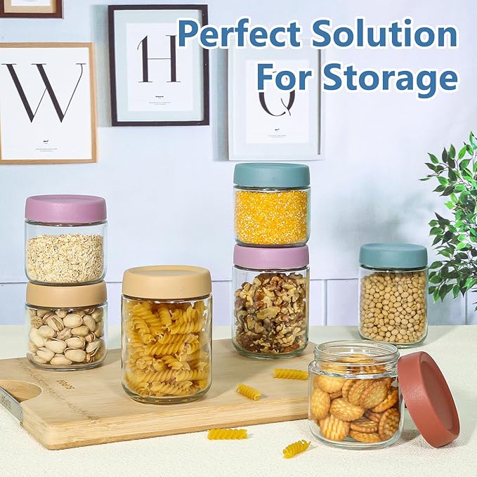 KEYWING 8 Pack Overnight Oats Containers With Lids, 16oz +10oz Wide Mouth Mason Jars with Airtight Lids, Meal Prep Containers Food Storage Glass Jars in Bulk for Snack Yogurt Parfait Spice Sugar