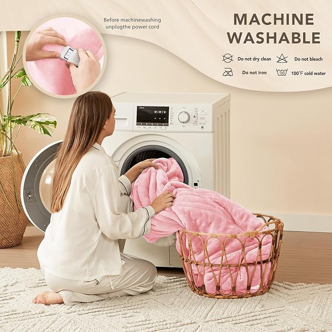 Homemate Electric Heated Blanket Twin - 62"x84" Heating Bed Blankets Throw with 10 Heating Levels 8 Hours Auto Off Fast Heating Over-Heated Protection Ultra Soft Warm Flannel ETL Certified Pink