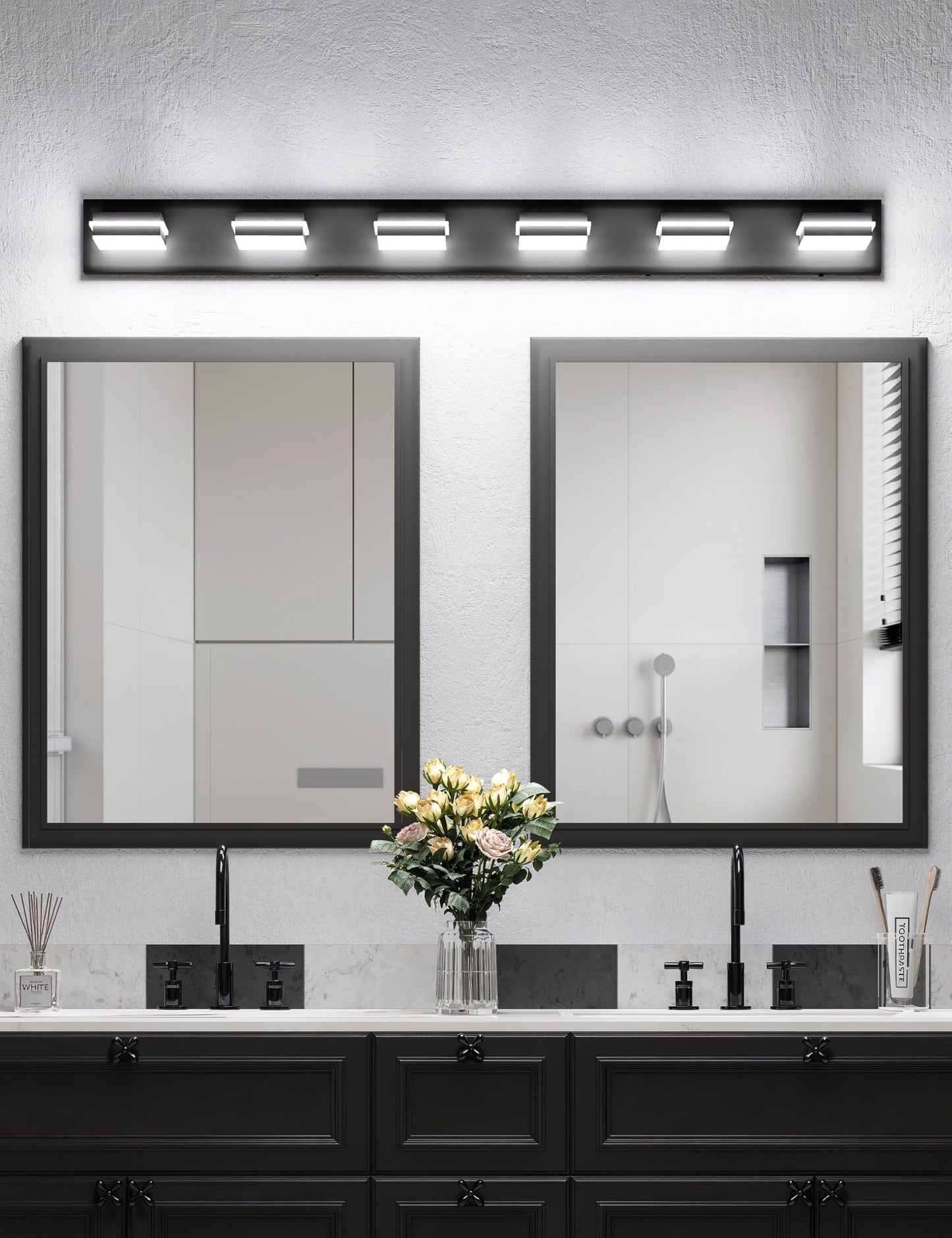 VOLISUN 5CCT Bathroom Light Fixtures Over Mirror, Dimmable, 360°Rotatable Head, 48 inch, 6 Light Bathroom Vanity Light Fixtures, Black LED Vanity Lights for Bathrooms-ETL Certificated