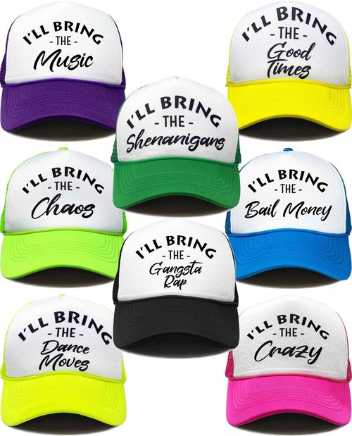 Funky Junque Neon Party Trucker Hats - Funny Foam Mesh Snapback Caps for Bachelorette Parties, Girls Weekend Trips, Birthdays, Festivals & Bride Crew Gifts - 8 Pack - Shenanigans