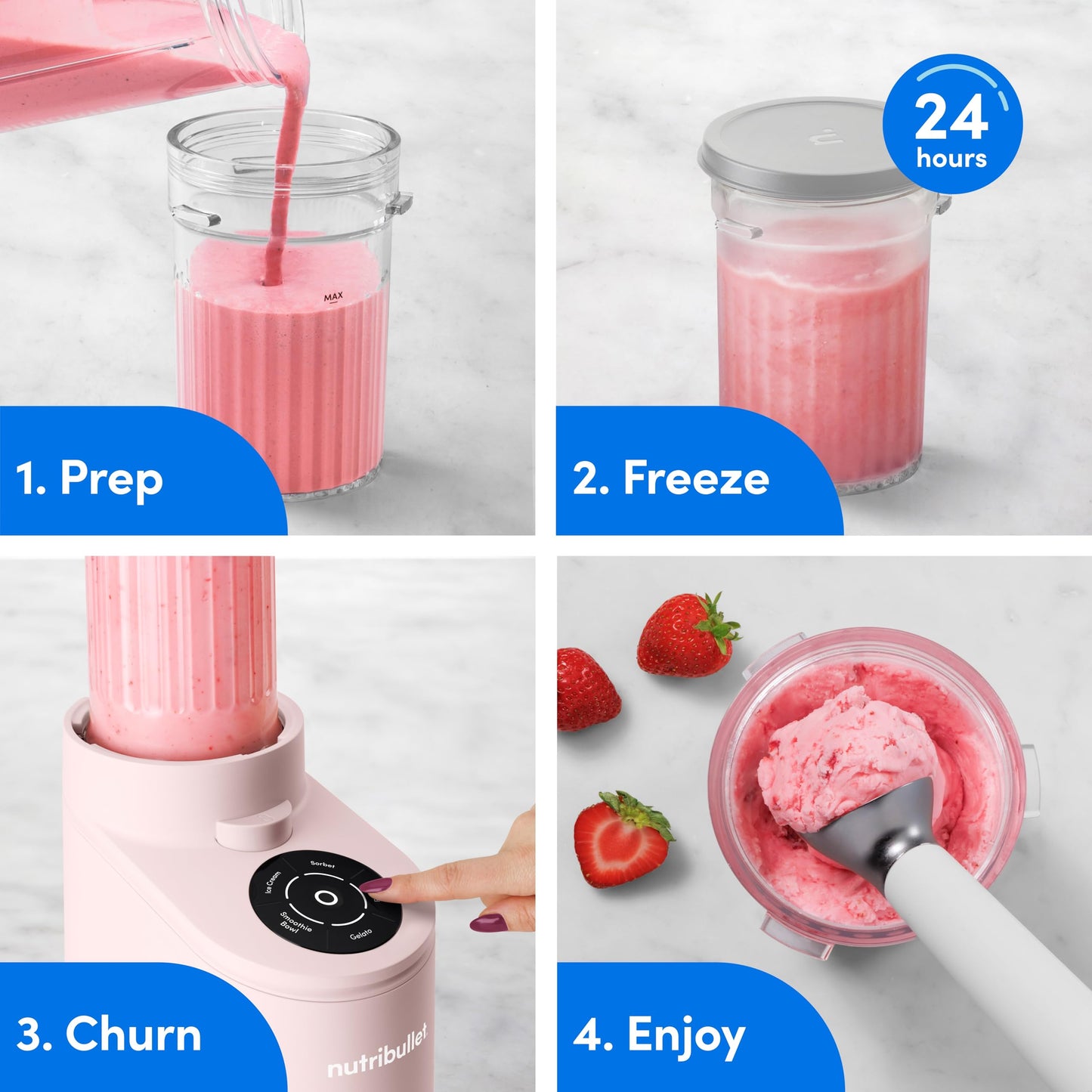 nutribullet Chill Ice Cream Maker, for Gelato, Sorbet, Frozen Yogurt, Smoothie Bowls, Compact Size, (2) Dishwasher Safe 16 oz. Pint Cups with Lids, Cotton Candy Pink, NBD50100CCP