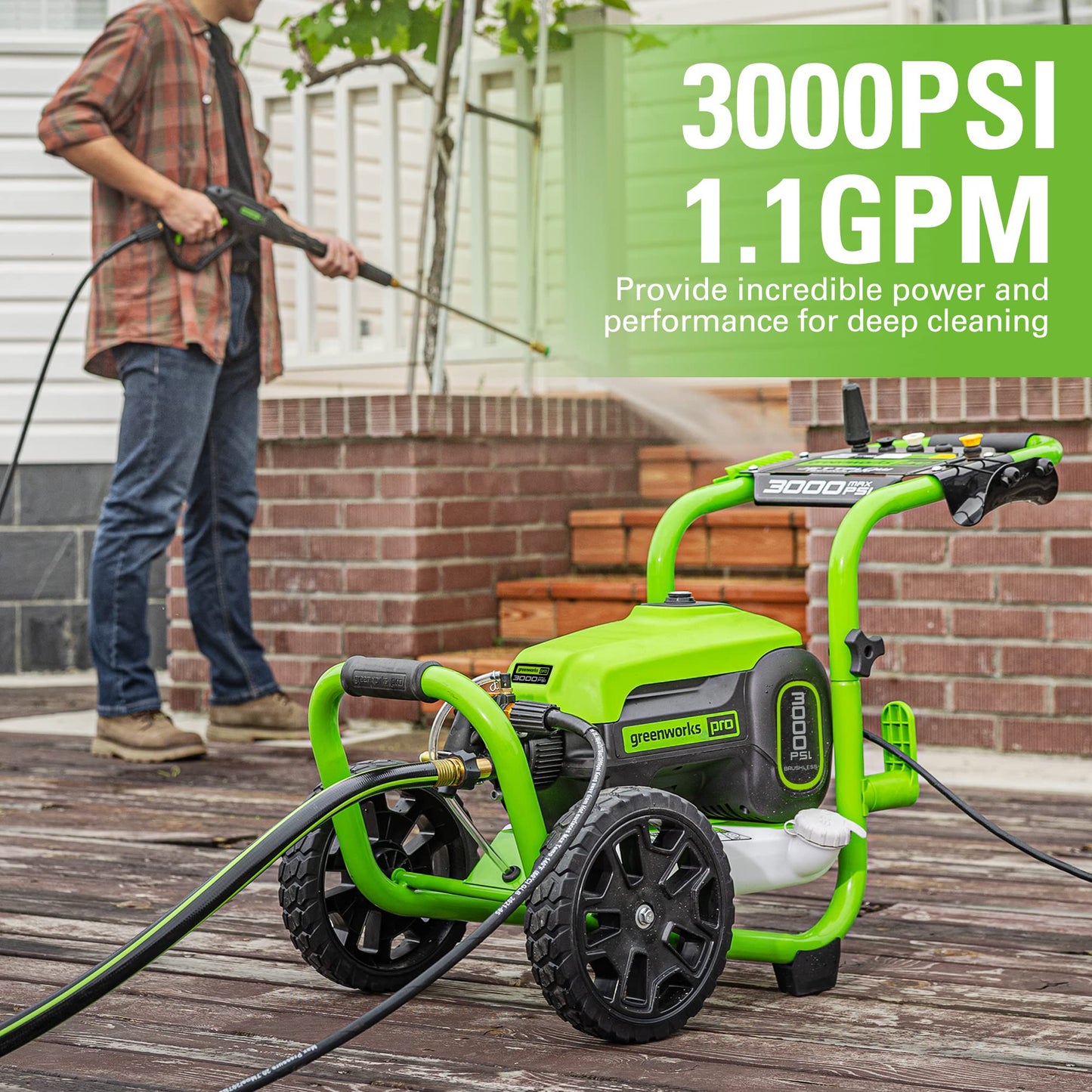 Greenworks 3000 PSI (2.0 GPM Max) Brushless Electric Pressure Washer, Steel Wand, On-Board Soap Tank (15°, 25°, 40°, Soap, and Turbo Nozzle)