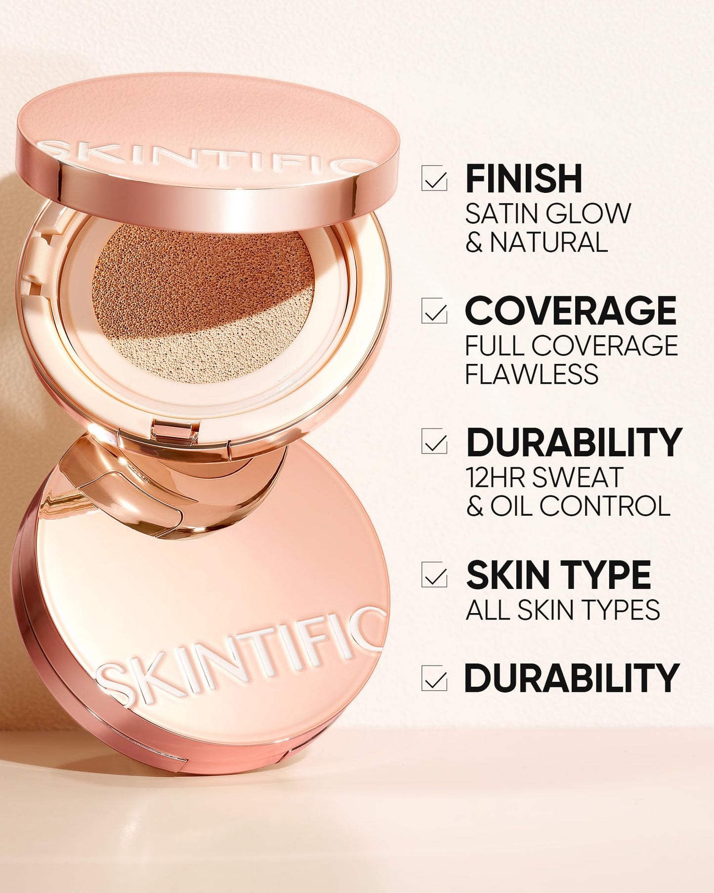 SKINTIFIC Cushion Foundation | Full coverage, Weightless, Skin fit, Satin Glow Finish, Oil-Control Waterproof Foundation, Sweatp