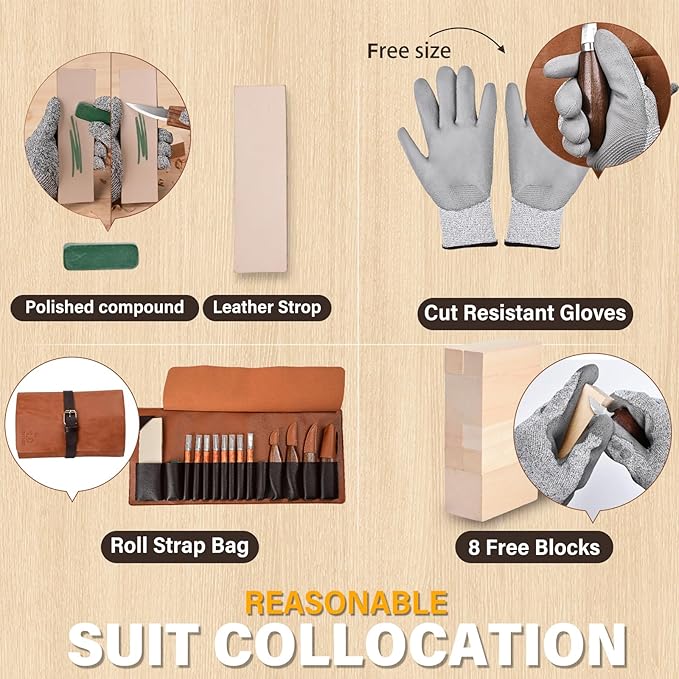 Deluxe Wood Carving Kit with Leather Case,Wood Carving Tools Set with Wood Carving Knife,Detail Knives,Basswood Blocks,Gloves,Strop Block,Polishing Compound for Whittling Kit Hobbies for Adults