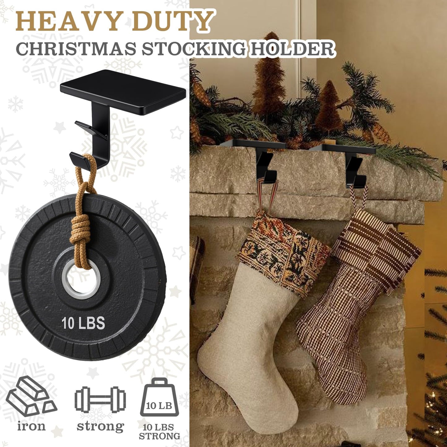 MorningRo 3 Pack 2 in 1 Fireplace Garland and Stocking Hangers Heavy Duty Metal Christmas Stocking Holder for Mantle Headphone Backpack Hooks for Fireplace Tabletop Xmas Decoration (Black)