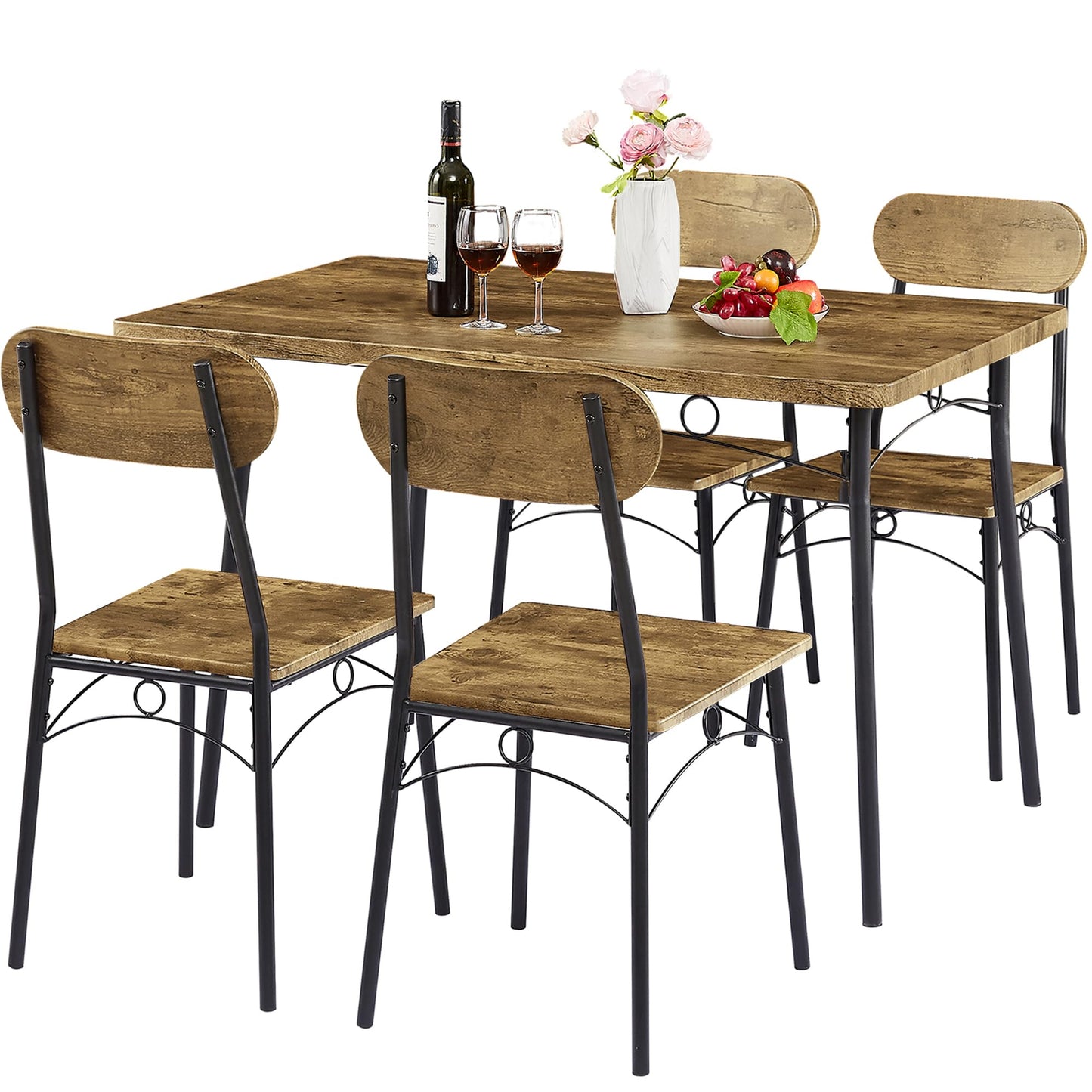 VECELO Kitchen Table Chairs Set for 4, 5 Piece Wood Dining Room Table with 4 Chairs, Perfect for Small Spaces, Compact Kitchen, Breakfast Nook, Brown