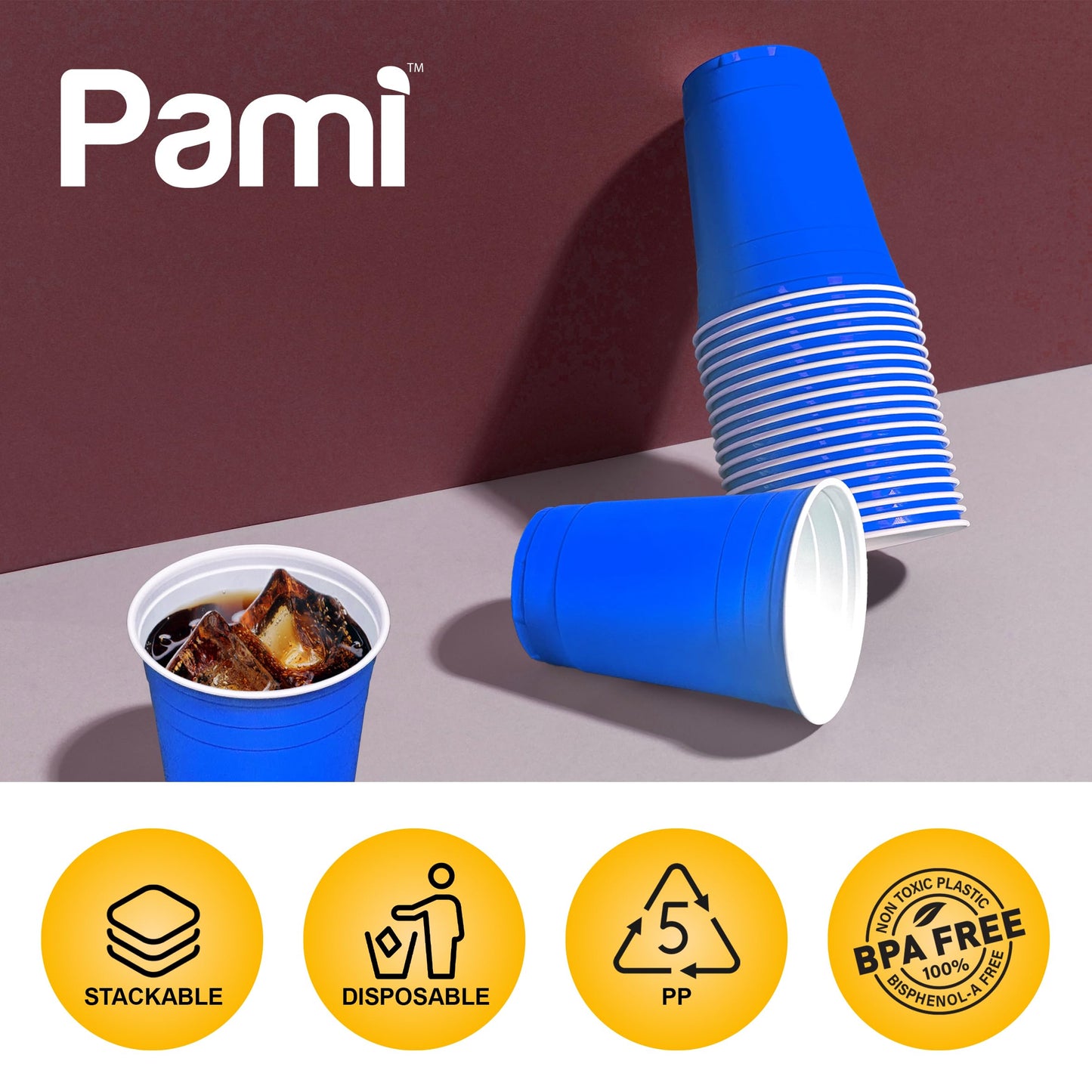 PAMI Blue Plastic Party Cups [Pack of 30]- 16oz Disposable Drinking Glasses- Colored Plastic Glasses For Iced Tea, Smoothies, Punch, Beer, Cocktails & Cold Drinks- Beerpong Cups