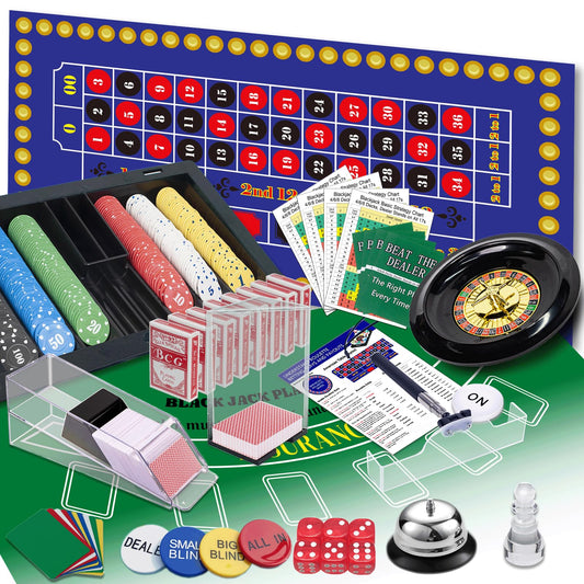 WodGod 5 in 1 Super Casino Game Set: Blackjack/Roulette/Craps/Texas Hold'em/Poker Kit with Shoe+Discard Tray+360 Chip+8 Deck Card+Roulette Wheel+2 Felt+Stratedgy Card+Chip Rake, Casino Poker Set