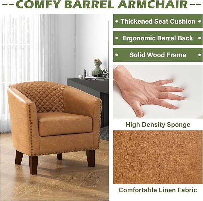 UIXE Faux Leather Barrel Accent Chairs Set of 4, Upholstered Armchair Club Chair for Living Room, Comfy Round Single Sofa Bedroom Side Reading Seat - Coffee Brown