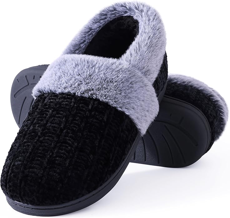 Evshine Women's Fuzzy Memory Foam Slippers, Closed Back Knit Bedroom Slippers, Slip-On Warm House Shoes for Indoor & Outdo...