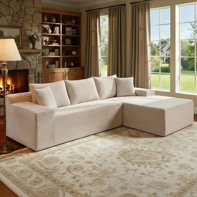 105’’ L-Shape Modular Sectional Sofa with Chaise, Convertible Cloud Couch, Corduroy Fabric & High-Density Memory Foam, No Assembly Required for Living Room (Beige, Right Facing Chaise)