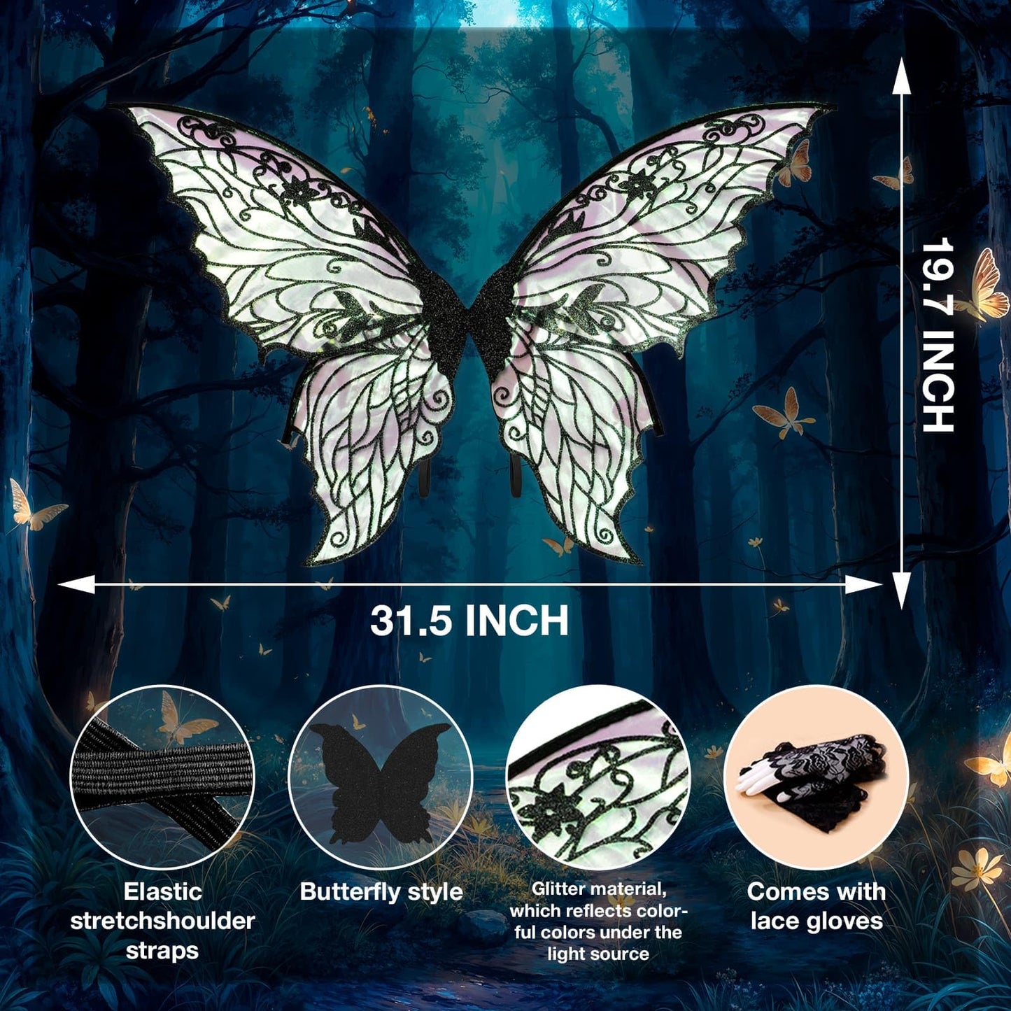 YKW Fairy Wings for Women with Lace Gloves, Large Butterfly Cosplay Wings, Iridescent Costume Wings for Party Photography Props Adult Dress Up Accessories(Black)