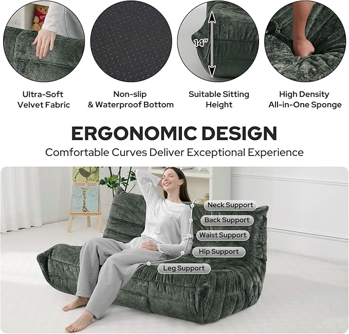 HABUTWAY Bean Bag Chair, Giant Bean Bag Chairs for Adults, Loveseat Fireside Chair, 2 Seater Lazy Bean Bag Sofa Memory Foam Couch for Living Room, Bedroom, Office (Green)