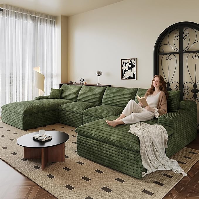 136" Cloud Sectional Couch U-Shaped Chaise with Ottoman, Corduroy Boneless Couch for Living Room Bedroom, Deep-Seat Upholstered Modular Cloud Sofa, No Assembly Required (Green, Left Facing Chaise)
