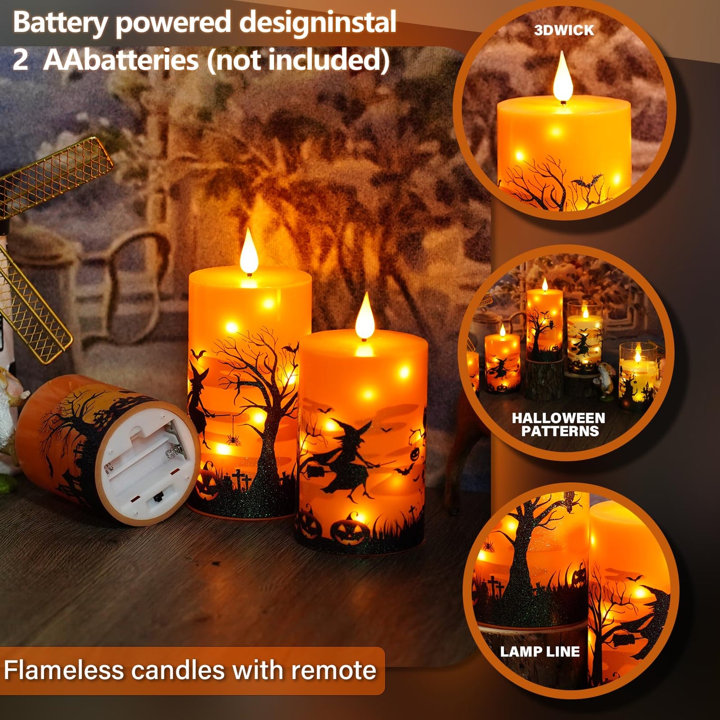 Sasigeiaa Halloween Flameless Candles with Remote - Orange LED Candles & String Lights, Battery Operated Set of 3 (D3 x H4/5"/6") for Window Decor, Halloween Decoration,Living Room Decoration