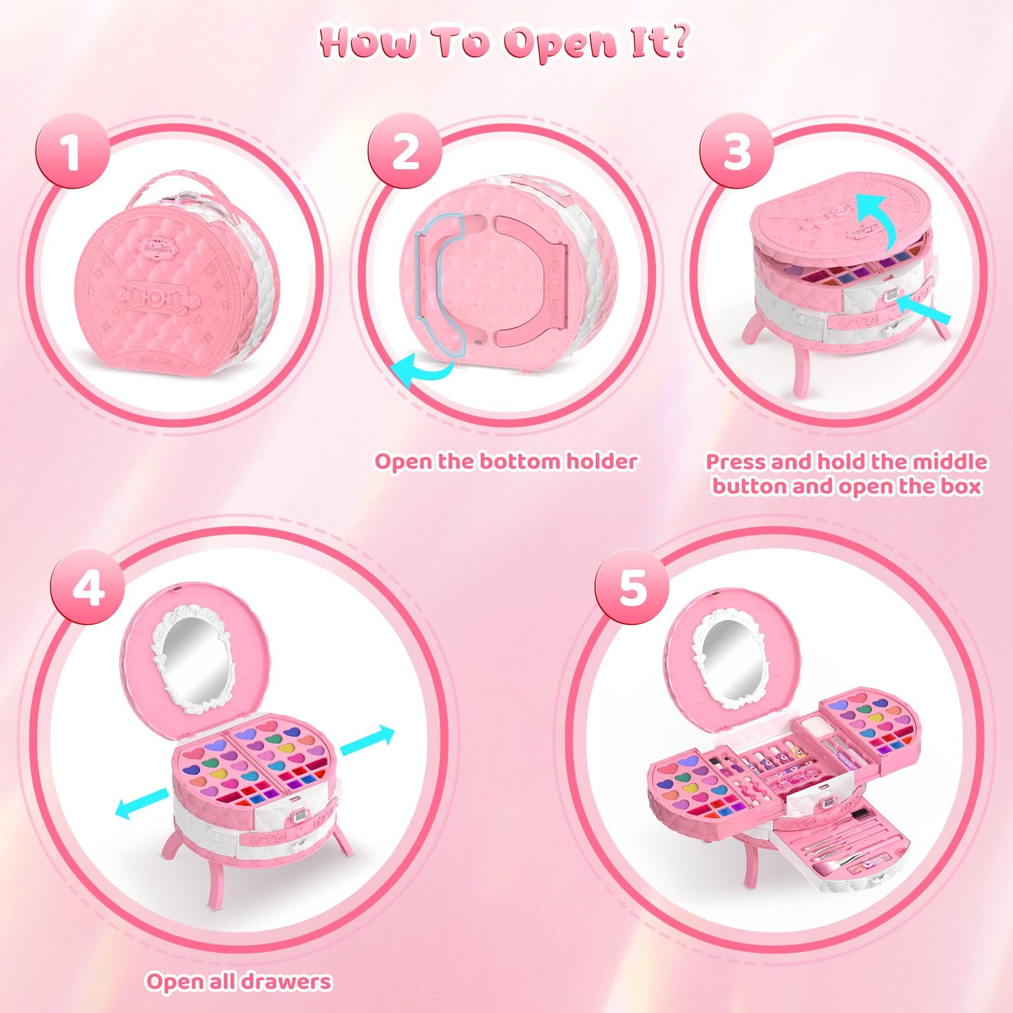 PERRYHOME Kids Makeup Sets for Girls 5-8, 57 Pcs Kids Makeup Kit for Girls Non-Toxic Washable Real Cosmetic Set, Toddlers Birthday Gifts Princess Toys for 3 4 5 6 7 8 9 10 11 12 Year Old (Pink)