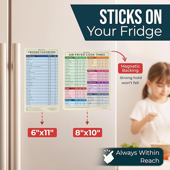 Cathy Yoder's Air Fryer Cheat Sheet Set, Air Fryer Accessories, AirFryer Cooking Guide Magnetic Cheat Sheet, AirFryer Cook Times Chart Magnet, Internal Food Temp for 80+ Popular Foods - Sand