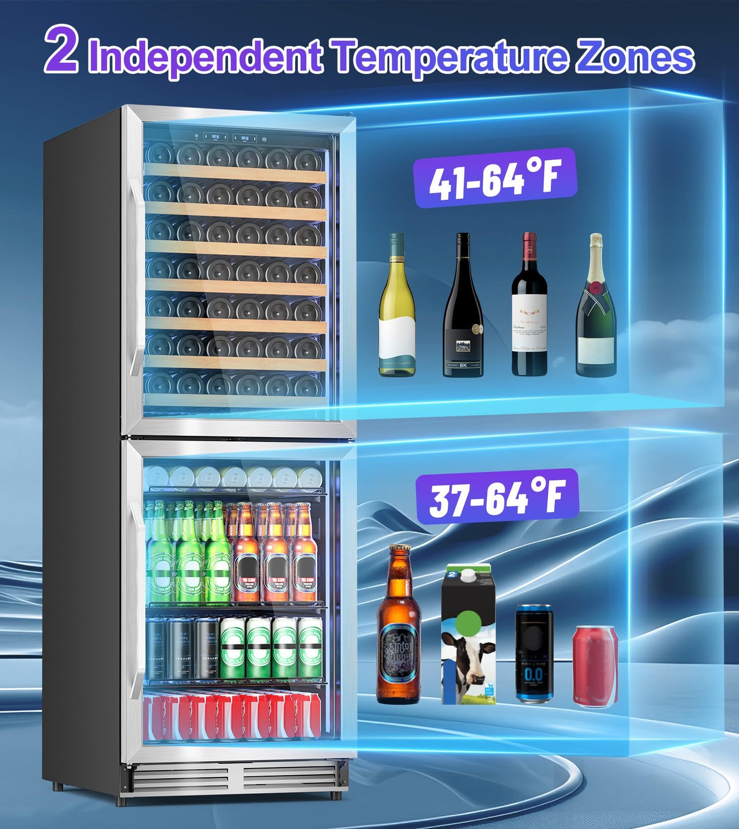 2 IN 1 Wine and Beverage Refrigerator 24", Dual Zone Wine Cooler with Safety Lock, Built-in/Freestanding Beverage Cooler for 77 Bottles 150 Cans, Quiet & Constant Fast Cooling for Home Kitchen Bar