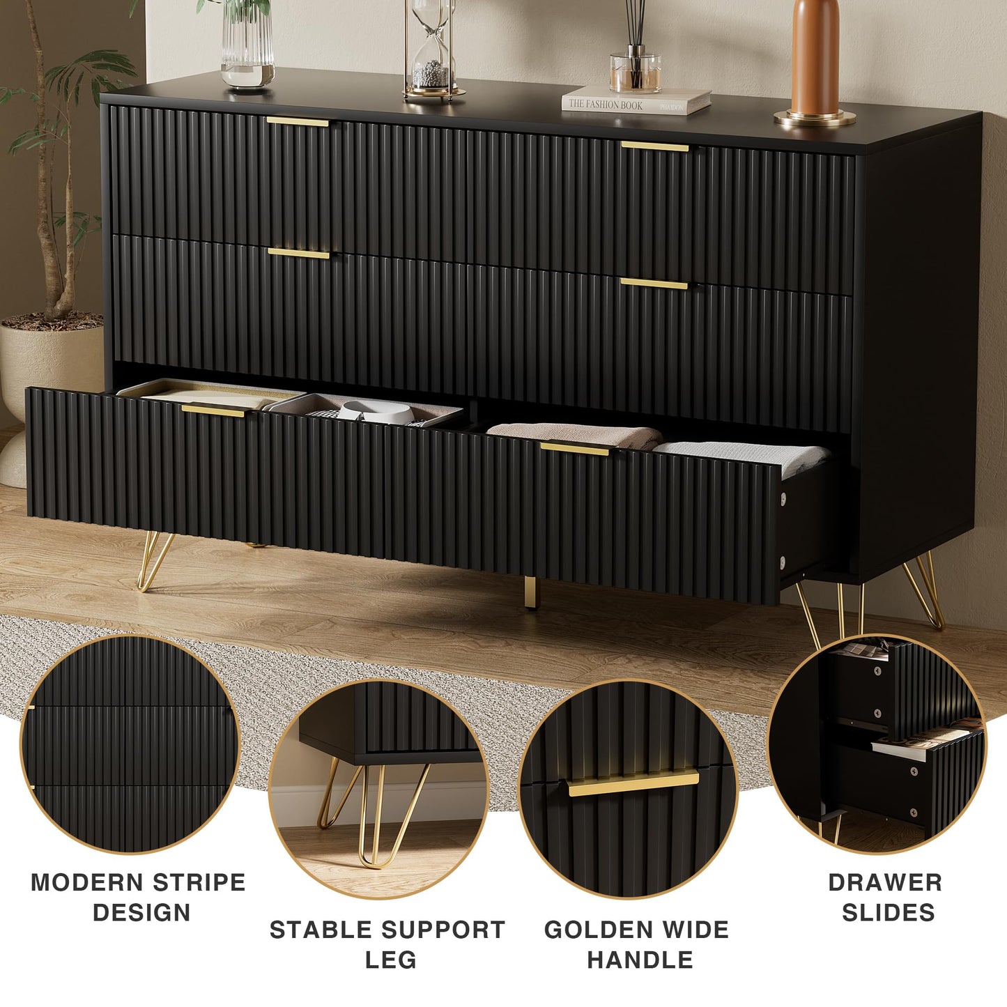 Furniway Black Dresser for Bedroom, Modern Dresser with Gold Metal Handles & Chests of Drawers for Bedroom, 15.7" D x 47.2" W x 29.5" H