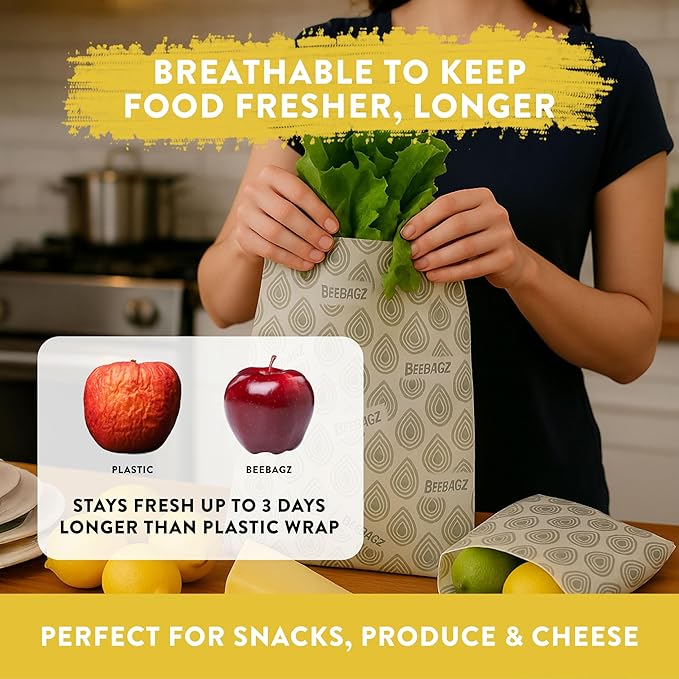 BeeBAGZ - Beeswax Wrap Storage Bag, Reusable Food Storage Bags, Pack of 3, Plastic Free Biodegradable Food Wrap Alternative, Lunch Pack, 2 Small + 1 Medium, (Grey)