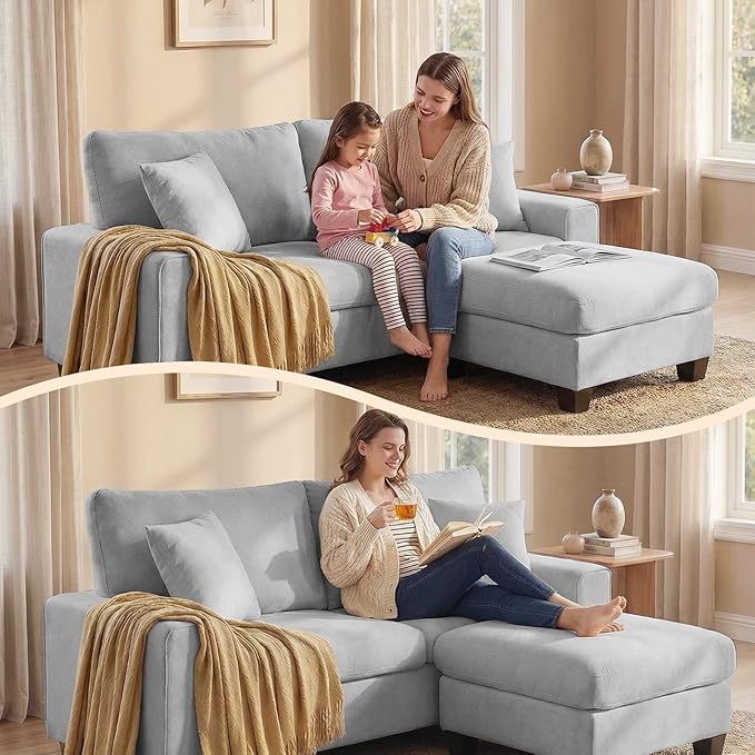 DOPEDIO L-Shaped Sectional Sofa with Storage Ottoman, Modern Chenille Recliner Loveseat, Removable Couch Covers, Pocket Spring Cushions, Solid Wood Frame, Easy to Install (71.25inch, Light Gray)