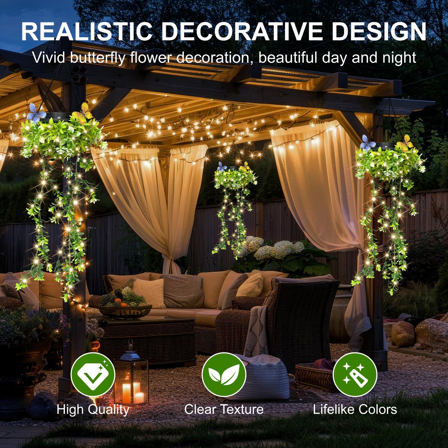 Solar Hanging Garden Lights - 2 Pack | 66 LEDs Butterfly & Flower Decor | IP65 Waterproof Summer Patio Lights for Outdoor Party Camping Poolside, Romantic Wedding | Gifts for Daughter Mom Grandma