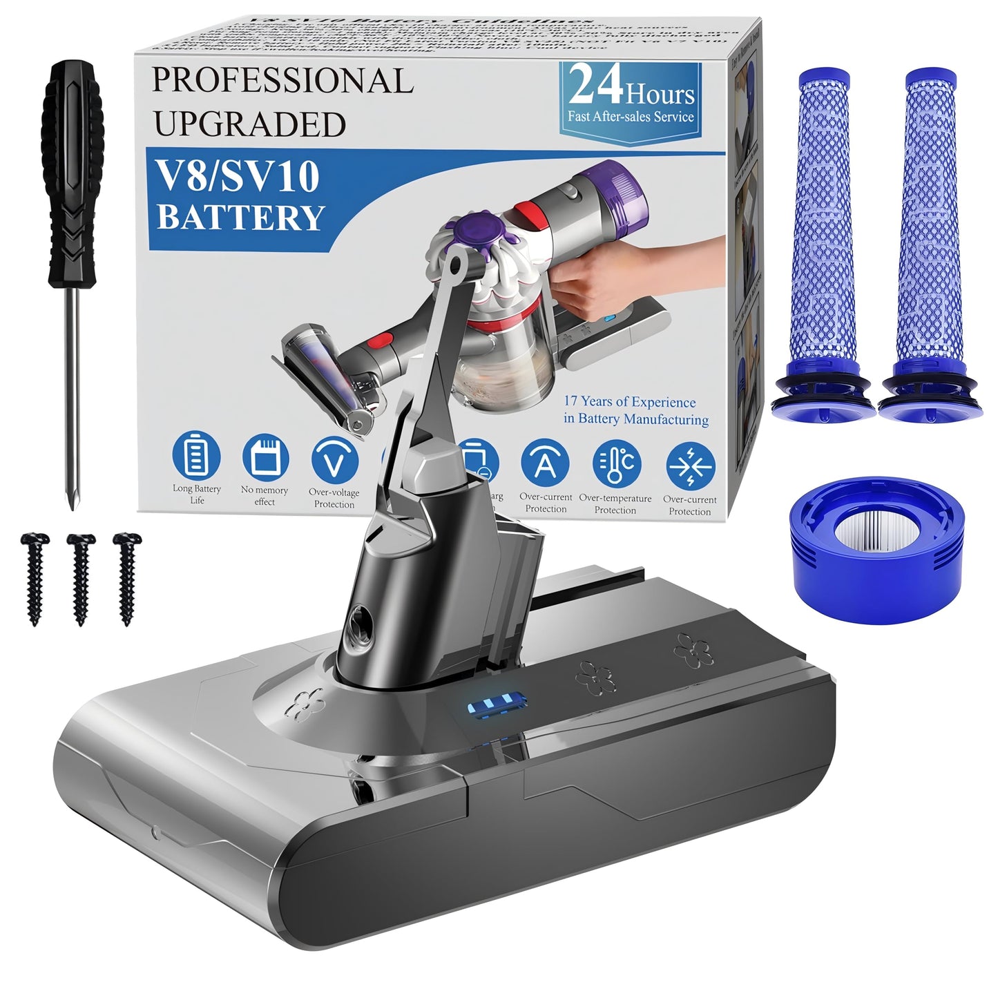 BOTKK Professional 21.6V Replacement for Dyson V8 Battery Replacement SV10 SV25, Compatible with Dyson V8 Animal Absolute Motorhead Fluffy Carbon Fiber Series Cordless Vacuum 215681
