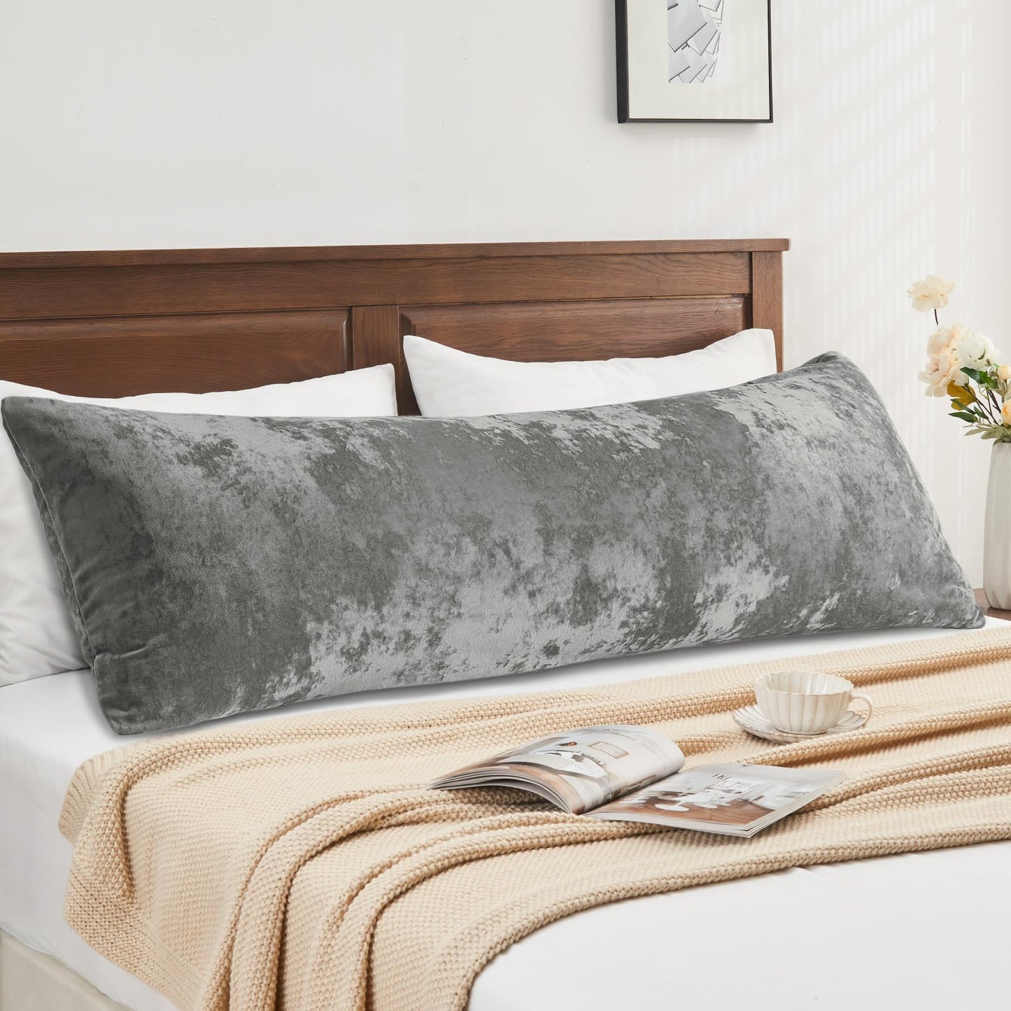BEDELITE Velvet Body Pillow Cover with Zipper, Soft and Plush 20x54 Long Pillow Case, Velvety Smooth and Cozy Body Pillow Pillowcase for Bedroom and Couch, for All Seasons(Gray)