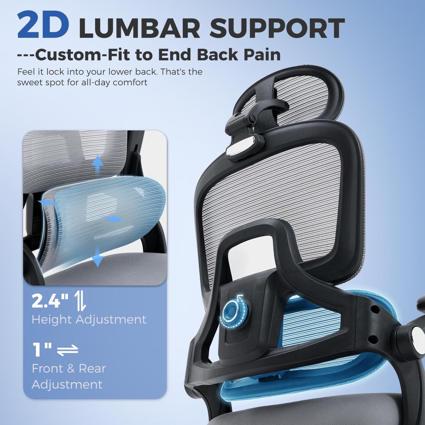 ACFOUL Ergonomic Office Chair, Mesh Desk Chair with 2D Adjustable Lumbar Support – Relieve Back Pain for Long Workdays Sitting, High Back with 3D Headrest & Armrests for Home Office Comfort, Dark Gray
