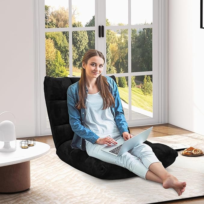 MAT EXPERT 14-Position Floor Chair, Floor Gaming Chair w/Soft Coral Fleece, Alloy Steel Frame, Padded Lazy Couch Recliner, Floor Chair with Back Support for Reading, Meditating, Playing Game (Black)