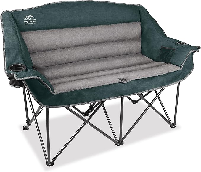 LANMOUNTAIN Fully Padded Folding Double Camping Chairs,Comfy Oversized Loveseat Lawn Chair w/Wine Glass Holder,Cup Holder,Heavy Duty Outdoor Portable Camp Couch Support 600 Lbs,Dark Green