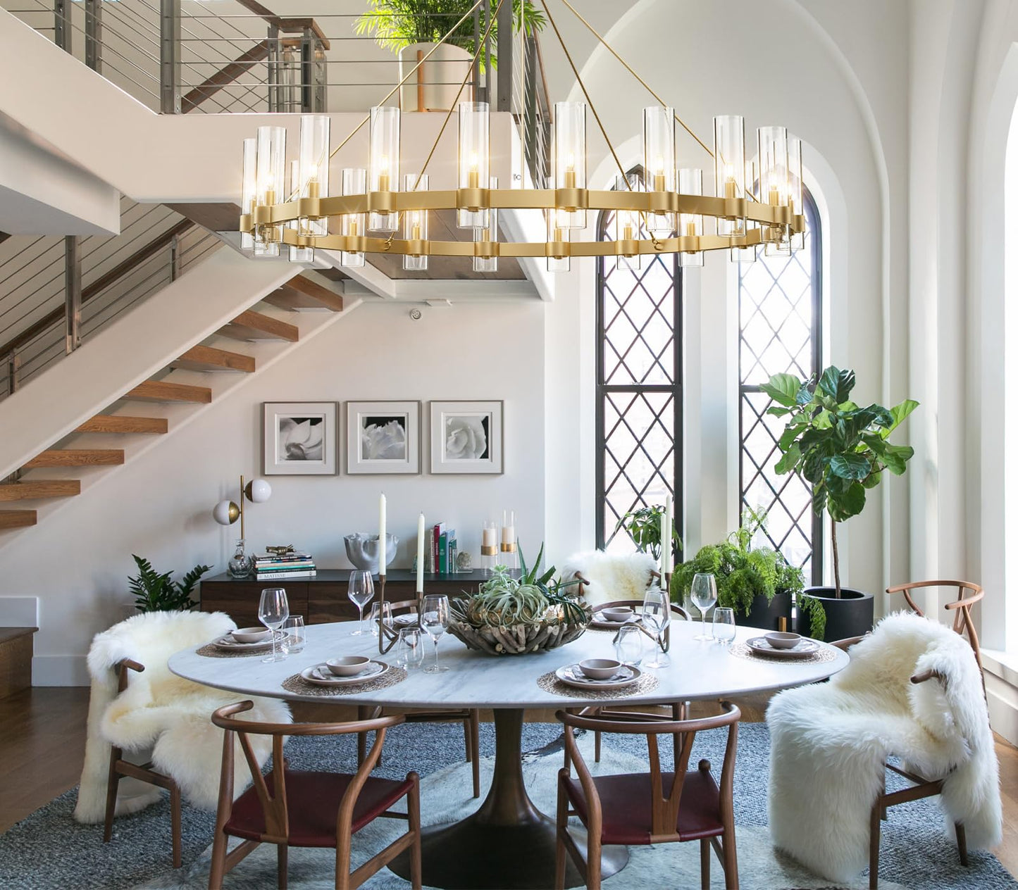 YIOSI 60 Inch Gold Chandelier, Wagon Wheel Chandelier with Glass Shade, 20-Lights Large Round Modern Farmhouse High Ceiling Pendant Lighting Fixture for Dining Room, Living Room, Kitchen, Foyer