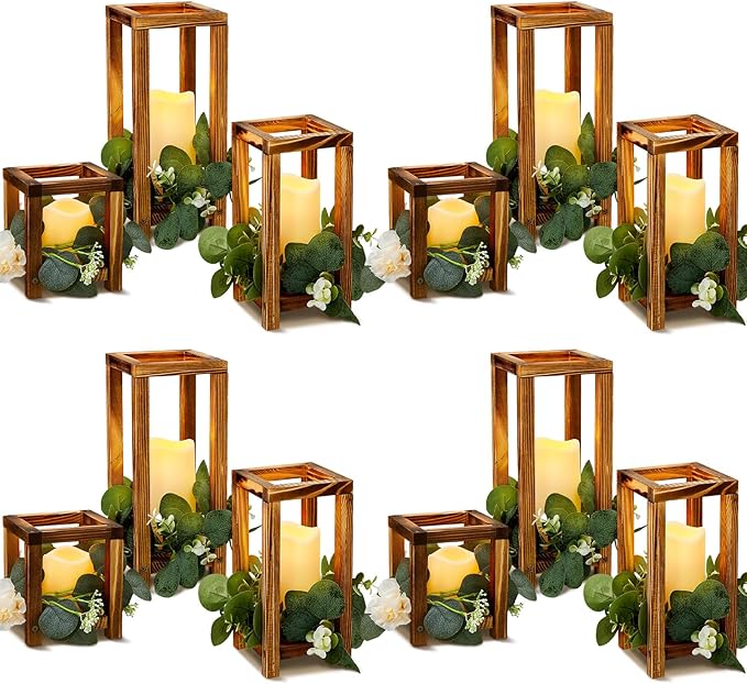 24 Pcs Wooden Candle Lantern Include 12 Wedding Lantern Centerpiece 12 Flameless Decorative Candles Holders Wedding Center...