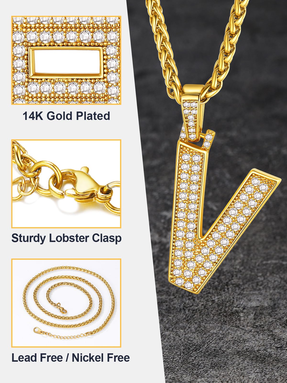 U7 Men 18K Gold Plated Bling Name Chain Full CZ Rapper Costume Jewelry Initial V Necklace