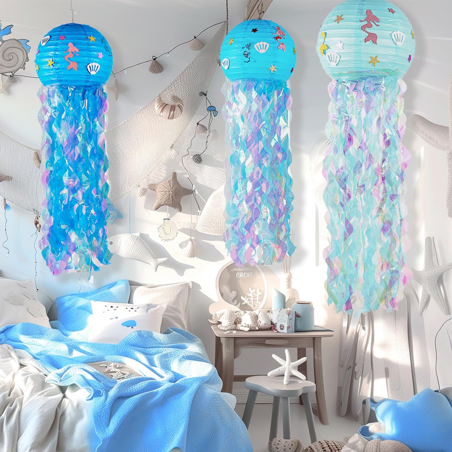 OBXT 12" Blue Jellyfish Lanterns - Mermaid Birthday Decorations, Under the Sea Party Supplies, Ocean Theme Hanging Jellyfish Decor for Classroom, Nautical Events, and Underwater Adventure (Set of 6)