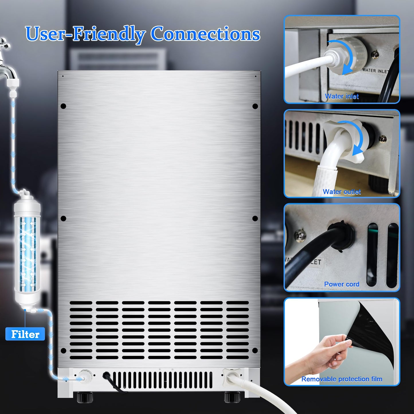 Commercial Gourmet Ice Maker Machine 150Lbs/24H,Stainless Steel Spray Ice Maker 60lbs Storage,50pcs Hat Cubes Per Cycle,Freestanding Ice Maker Self-Cleaning for Office, Restaurant, and Bar