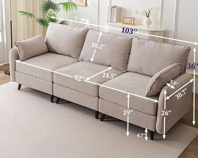 Rexulqo 104'' Modular Sectional Sofa with All Seats Storage,Oversized 3-Seater Comfy Cloud Couches with Deep Seat,Big Couch for Living Room,Bedroom,Velet,Khaki